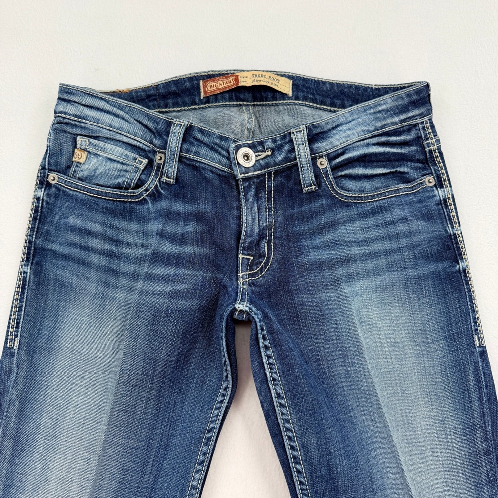 Big Star Sweet Boot Ultra Low Rise Jeans Women 27XL Dark Wash Embroidered Pocket - Picture 3 of 9